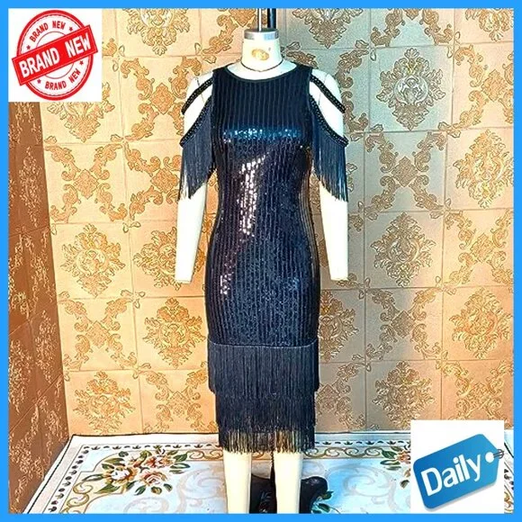 Sequin Tassel Bodycon Midi Dress Elegant Formal Party Evening Gown